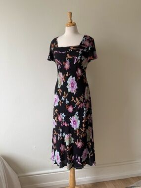 100% silk Donna Ricco New York Petite Silk Floral Midi Dress Black Pink Size 14P